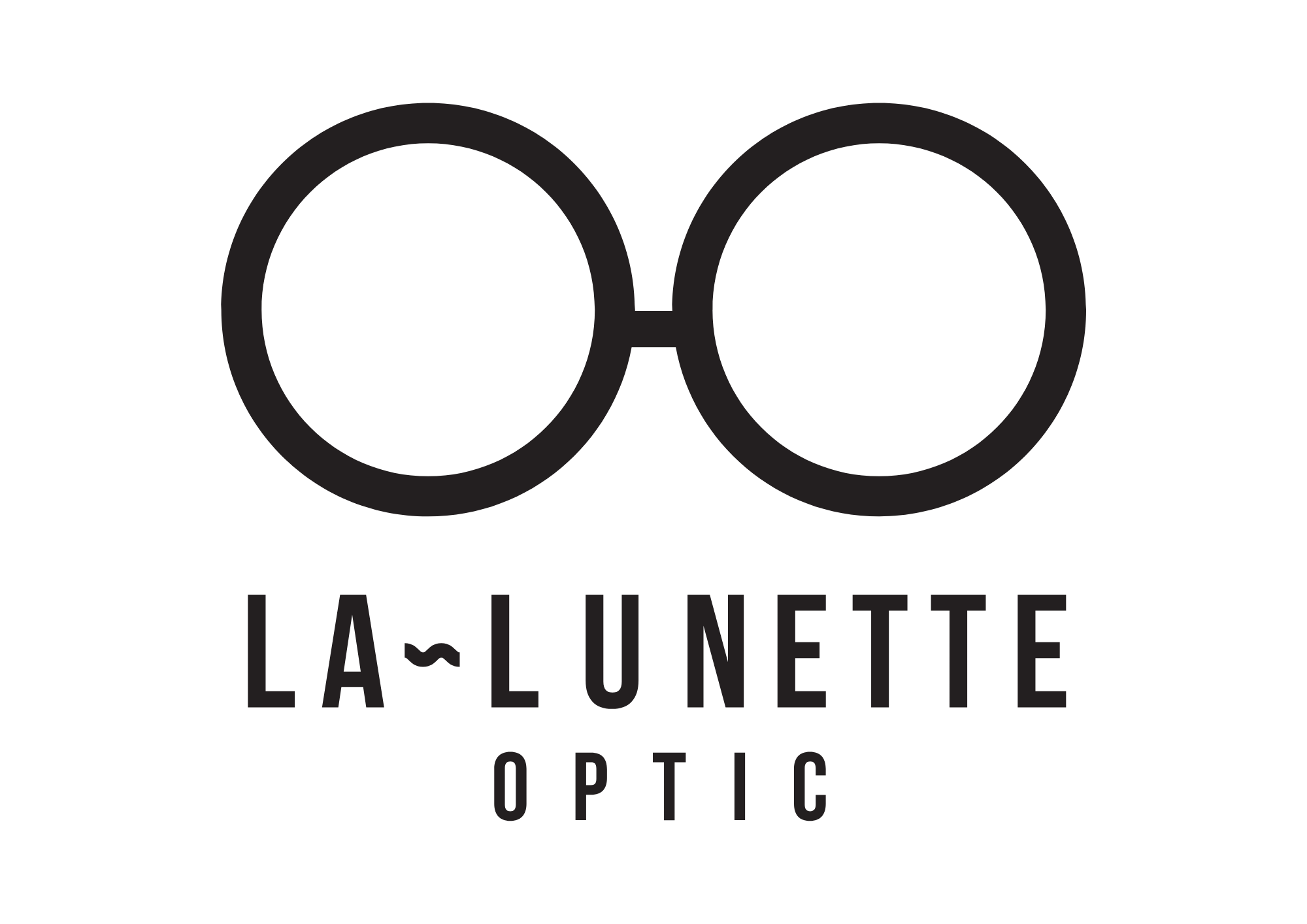 לוגו של חנות משקפיים עם עיצוב מודרני, כולל דמות זוג משקפיים.